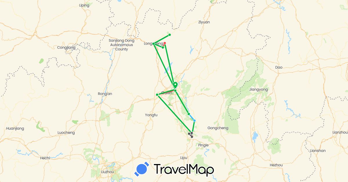 TravelMap itinerary: bus, hiking, boat, motorbike in China (Asia)